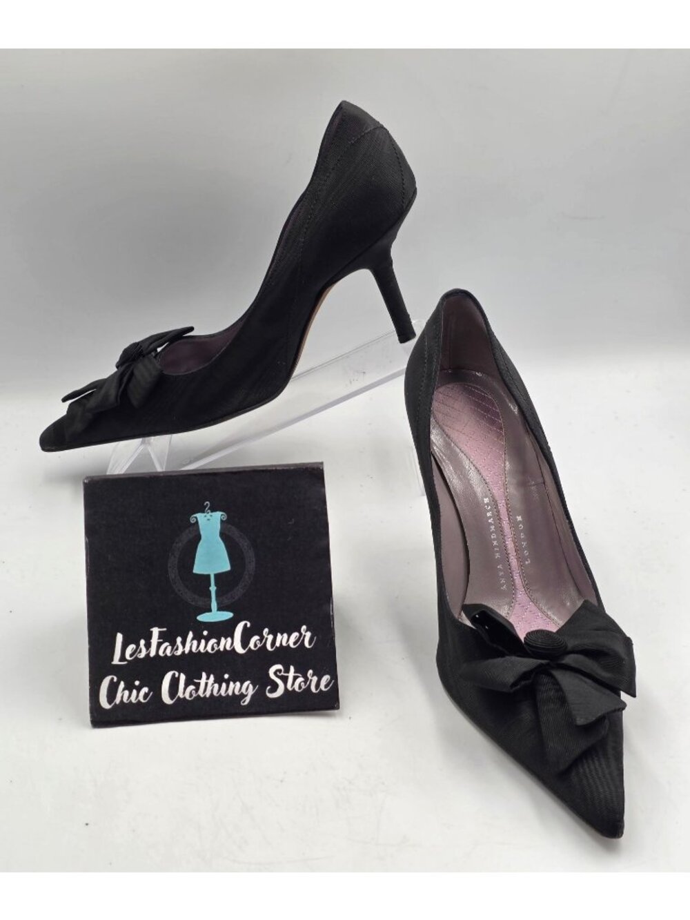 Anya Hindmarch Black Bow Pointed Toe Pump Heels Size 7 (37.5) Made In Italy 3923